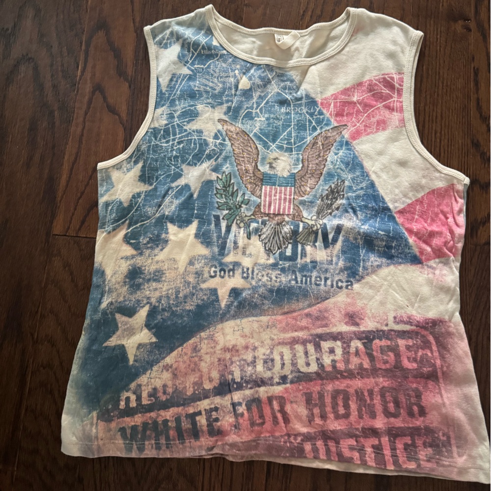 VTG Susan Lawrence women’s 1X Beige Tank Top patriotic with rhinestones 90’s